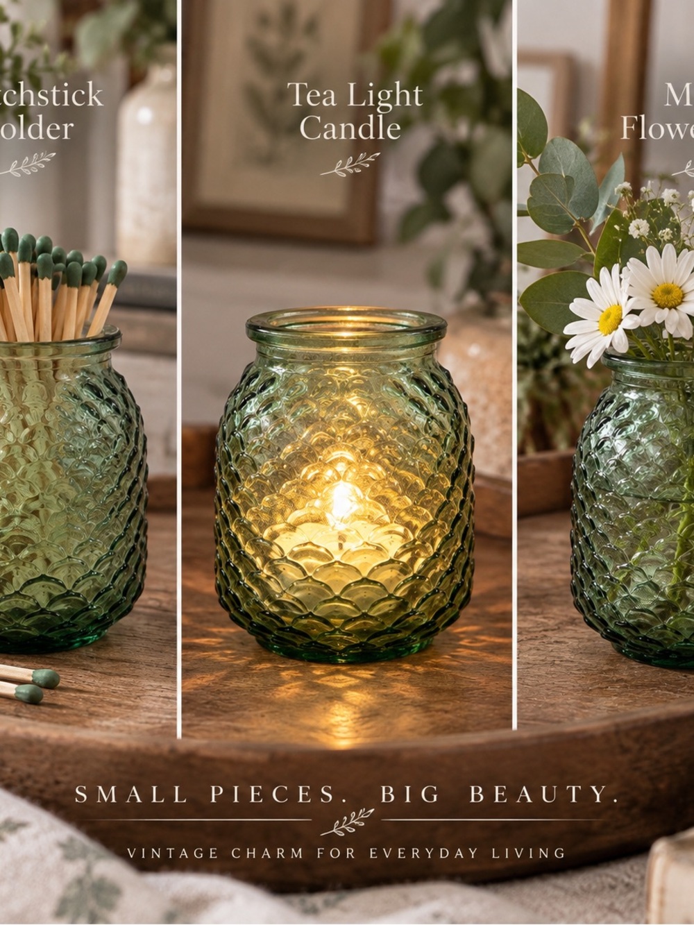 Vintage Green Fish Scale Pressed Glass Vase Candle Holders Set of 2
